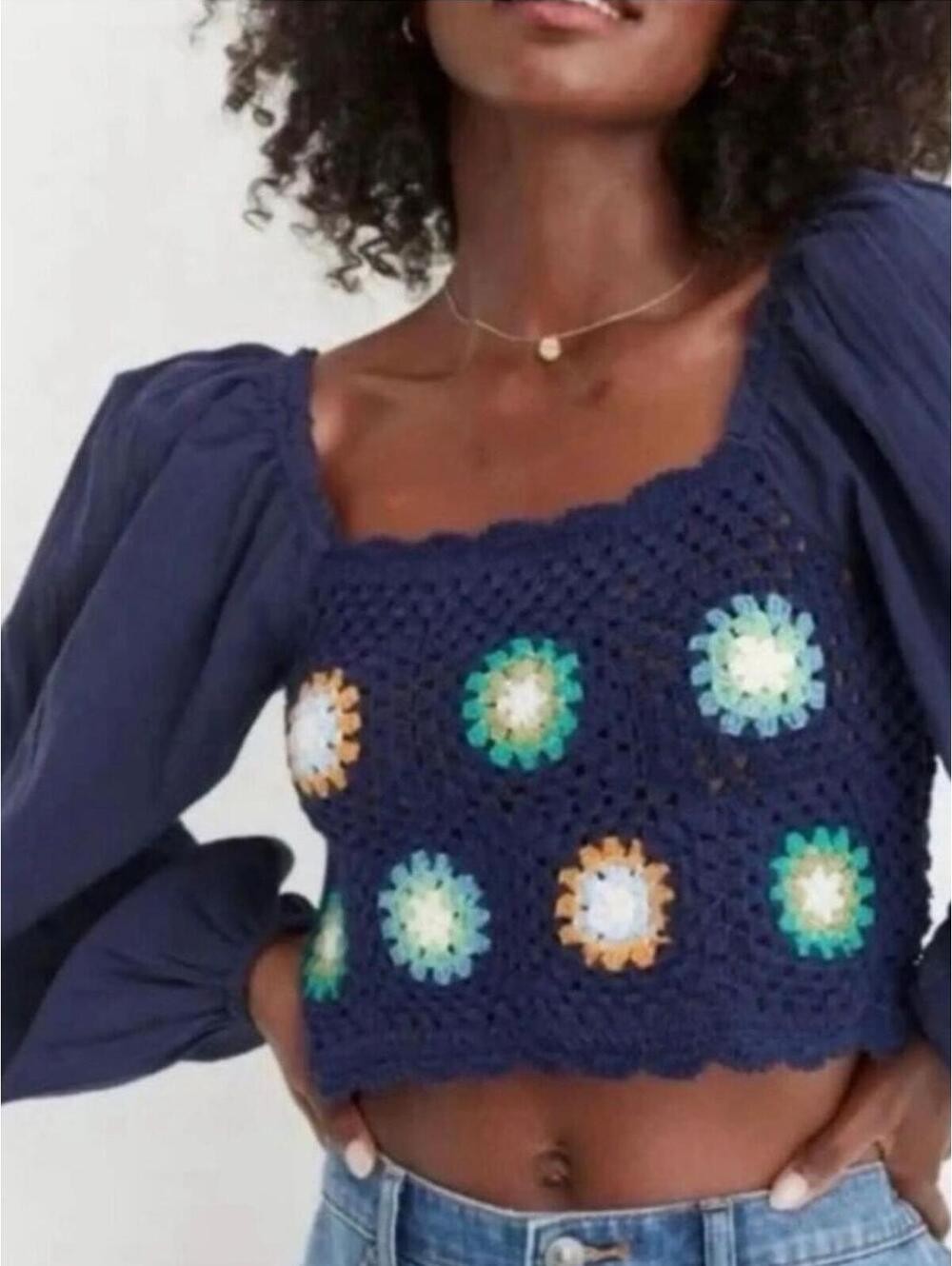 Aerie Crochet Crop Top XS Blue Puff Sleeve Granny Square Boho Cottagecore